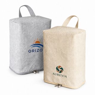 Upright cotton shoe pouches in grey and natural with a top carry handle and a side zip, each printed with a logo.
