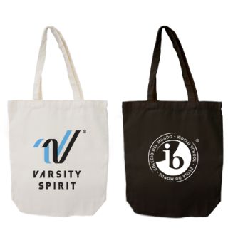 Natural and black canvas tote bags with long handles, each printed with a logo