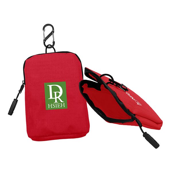 Red polyester zip pouch with a carabiner clip and pull tab, printed with a logo, shown beside a second pouch lying flat