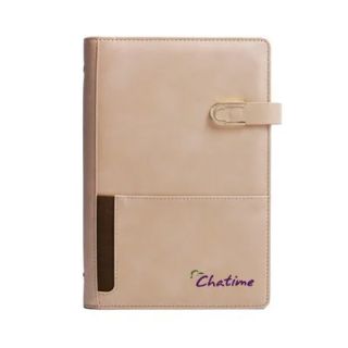 Beige PU organiser with a strap closure, a front pocket and a dark pen slot, printed with a purple logo