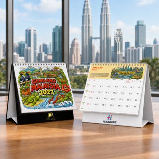 Two Gemilang Malaysia desk calendars on a desk, one closed at the cover and one open at a monthly page