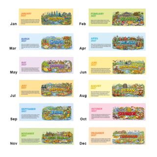 The twelve monthly pages of the Gemilang Malaysia desk calendar, January to December, showing hand drawn Malaysian heritage doodle art