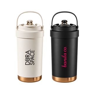 Cream and black stainless steel bottles with straw lids, top handles and wood-look bases, each printed with a logo