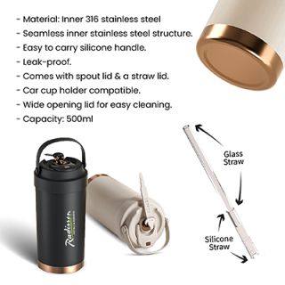 GOLD Dual Lid 316 S.Steel Bottle with Straw Handle - 500ml 12