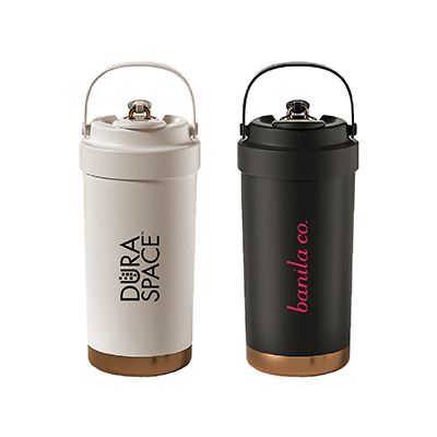 Beige and black GOLD dual lid bottles with silicone carry handles, copper-tone bases and printed sample logos