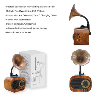 Gramophone Vintage Bluetooth Speaker with FM Radio - 1200mAh 11