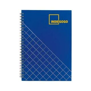 Navy Wire-O notebook with a diagonal grid line pattern, printed with a yellow boxed logo