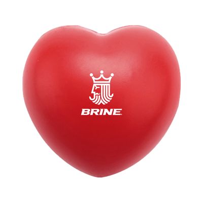 Red heart shaped foam stress reliever ball printed with a logo