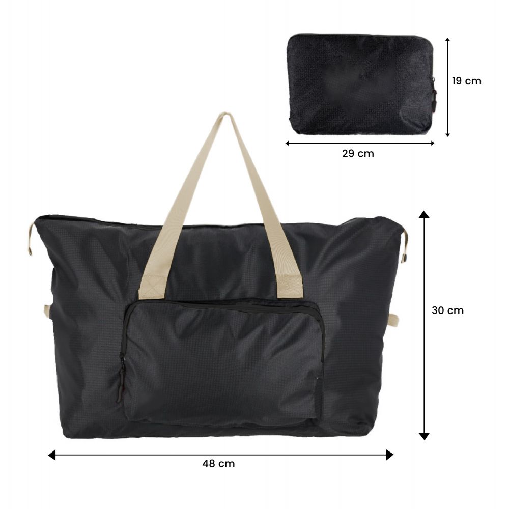 Foldable duffel bag shown open and folded flat, with size markings