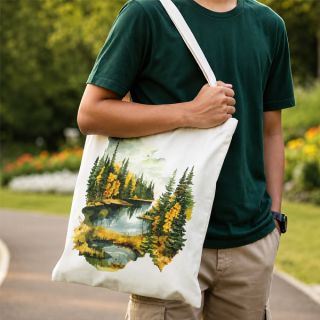 Man in a dark green tee carrying the landscape printed canvas tote on one shoulder along a garden path.