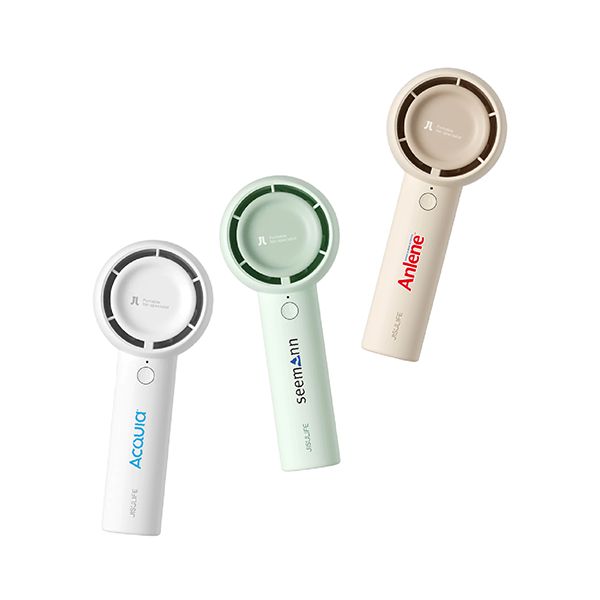 Three handheld mini fans in white, mint green and beige with round heads, each printed with a logo