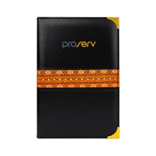 Black executive log with a woven orange patterned band across the cover, gold metal corners and a printed logo