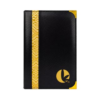 Black textured executive log with a vertical gold woven strip, gold metal corners and a gold printed logo