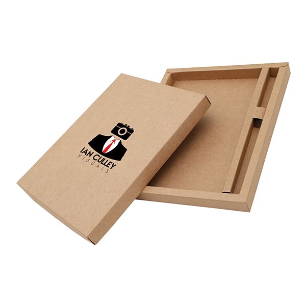 Kraft gift box with shaped wells for an A5 notebook and a pen
