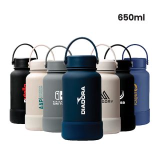 Row of six 650ml thermos bottles with carry-handle lids in black, grey, navy, beige, dark green and black, each printed with a logo