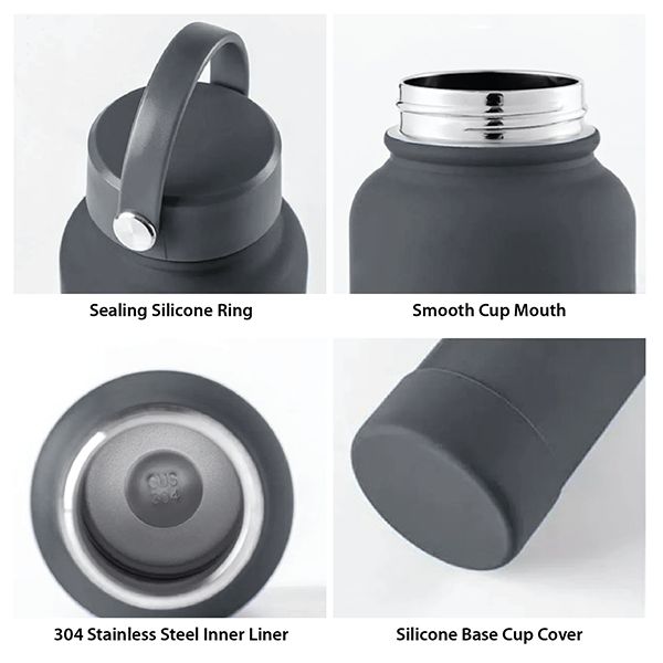 Four close-ups of the LANTERN bottle: the silicone sealing ring in the cap, the wide steel mouth, the 304 stainless steel liner and the silicone base cover