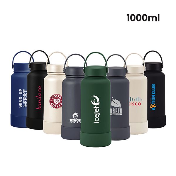 Eight tall 1000ml thermos bottles with carry-handle lids in navy, black, beige, maroon, green, grey and white, each printed with a logo