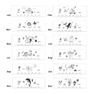 The twelve monthly pages of the animal doodle desk calendar, January to December, showing line drawn animal doodles