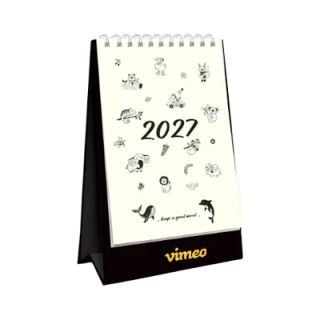 animal doodle desk calendar standing closed on its black card stand, cover showing line drawn animal doodles