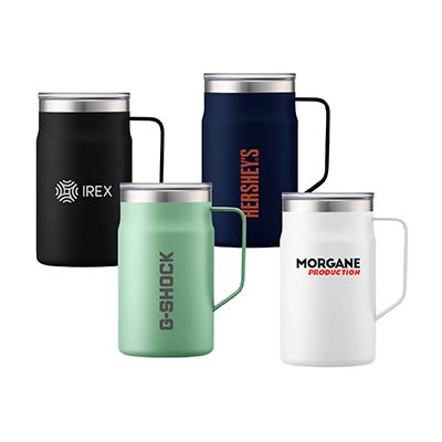 Four large stainless steel mugs with handles and lids in black, mint green, navy and white, each printed with a logo