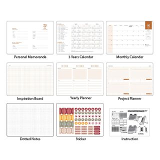 Layout sheet showing the inner sections, from memoranda and calendars to planners, dotted notes and stickers.