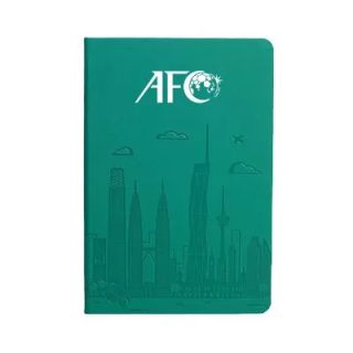 Teal PU notebook debossed with a city skyline, printed with a white logo near the top
