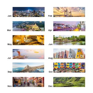 The twelve monthly pages of the Malaysian Splendor desk calendar, January to December, showing Malaysian skylines and scenery