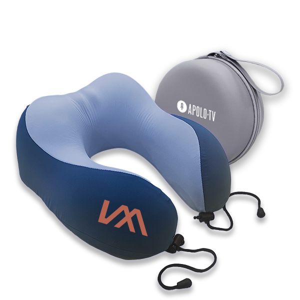 Navy and light blue U-shaped neck pillow printed with a logo, next to a round grey zip pouch with a drawstring cord, also printed with a logo