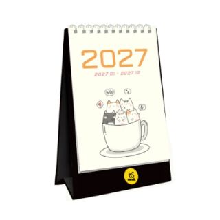 Meow Moments desk calendar standing closed on its black card stand, cover showing cat illustrations