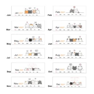 The twelve monthly pages of the Meow Moments desk calendar, January to December, showing cat illustrations