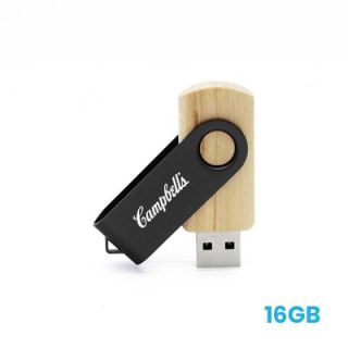 Black swivel clip printed with a logo turned out from a light wood body, the connector showing below, marked 16GB