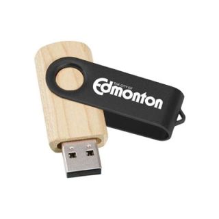 Close view of the black swivel clip printed with a logo, swung back from the wood body to show the connector