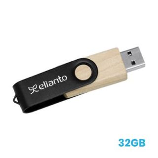 Light wood flash drive lying flat with a black swivel clip printed with a logo and the connector out to the side, marked 32GB
