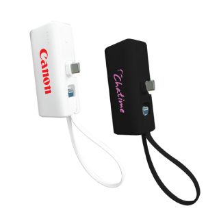 White and black mini power banks printed with a logo, each with a Type-C plug on top and a loop strap cable