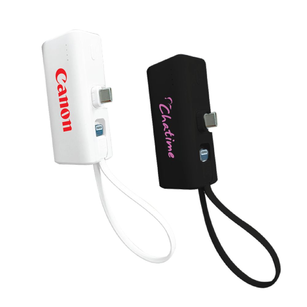 White and black mini power banks printed with a logo, each with a Type-C plug on top and a loop strap cable