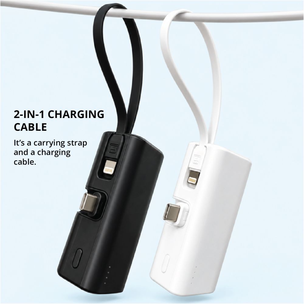 Black and white MIKA power banks hanging by their strap cables, showing the Type-C plug on top and the Lightning connector on the strap