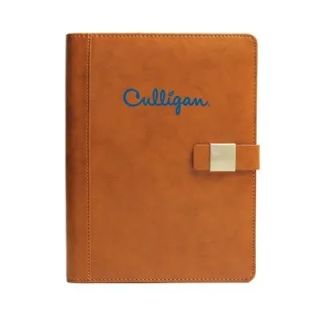 Tan brown PU diary with a gold buckle strap on the side, printed with a blue logo