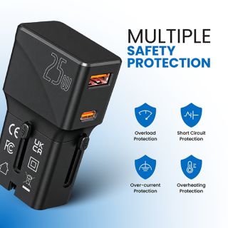 Safety panel showing four shield icons for overload, short circuit, over-current and overheating protection.