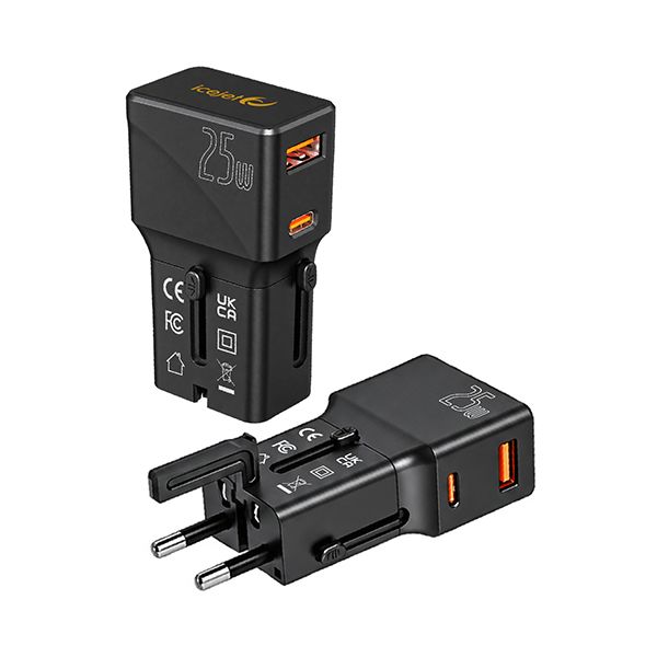 Two black travel adapters, one upright showing the USB-A and USB-C ports and one lying flat with the pins folded out.
