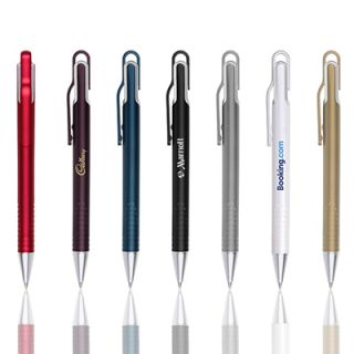 Red, maroon, navy, black, grey, white and gold metallic plastic pens with wide clips, printed with logos