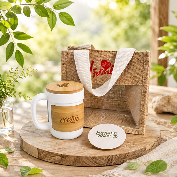 Jute tote bag, cork lid mug and a round coaster set on a wooden slab in a garden, each printed with a logo