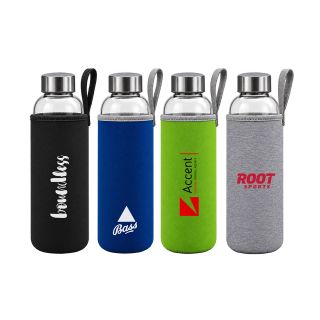 Four clear glass bottles with steel caps in green, navy, black and grey neoprene sleeves with carry loops.