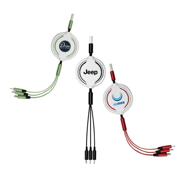 Three round retractable charging cables in green, black and white with fanned out connector tips, each printed with a logo