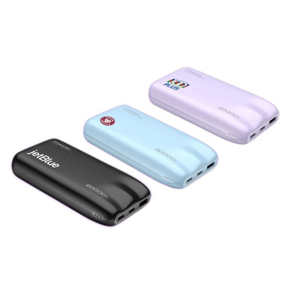 Black, light blue and lilac power banks with curved wave-shaped ends lined up at an angle, each printed with a logo