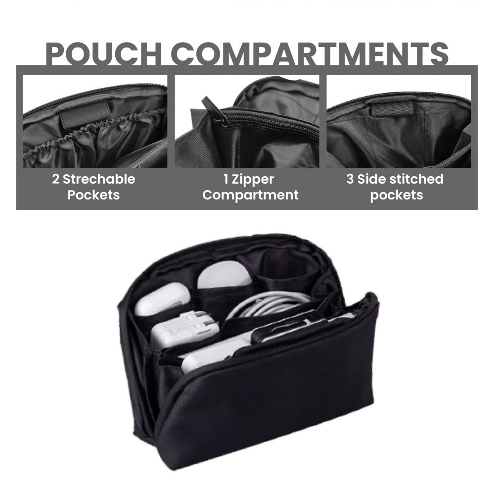 Black gadget pouch open with chargers inside, above close-ups of its inner and side pockets