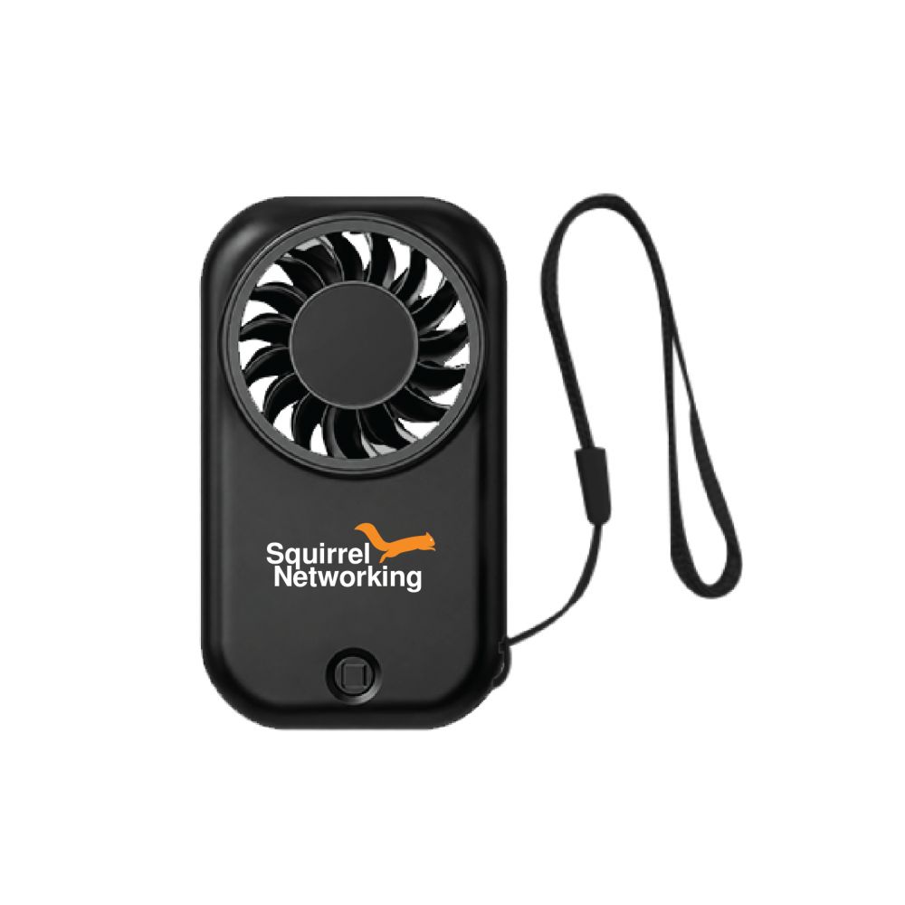 Black square handheld mini fan with a wrist strap, printed with a logo