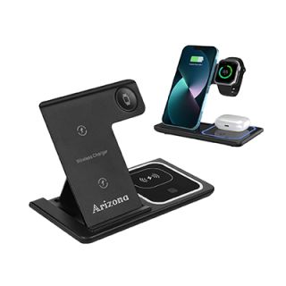 Black foldable wireless charging station holding a phone, a smartwatch and earbuds, printed with a logo