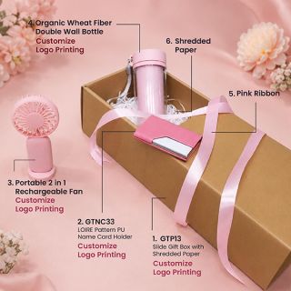 Numbered layout of the six parts: slide gift box with shredded paper, LOIRE pattern PU name card holder, rechargeable fan, wheat fibre double wall bottle, pink ribbon and shredded paper