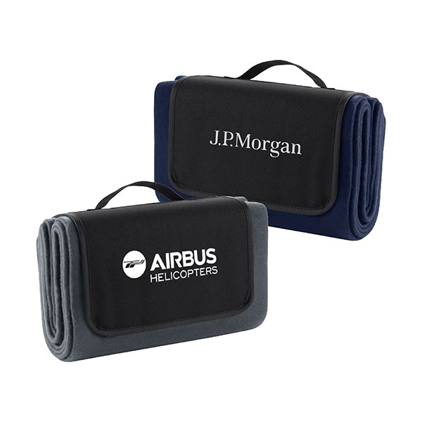 Navy blue and dark grey travel blankets rolled into their covers with a webbing carry handle, printed with a logo