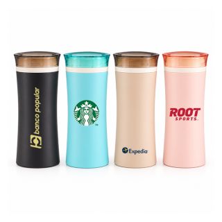 Four insulated mugs in black, light blue, khaki and pink with tinted see-through lids, each printed with a logo